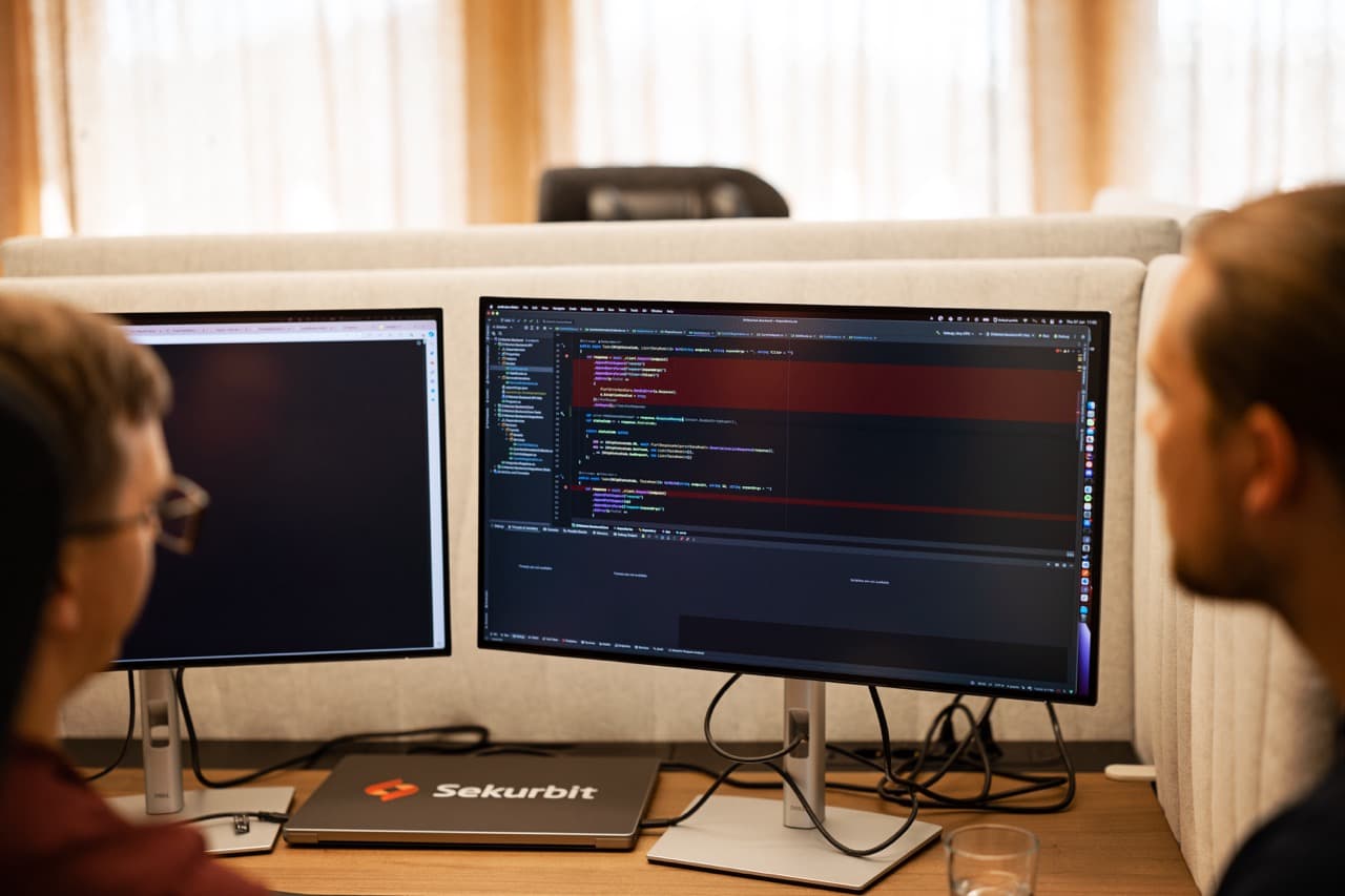 Two people seated in front of dual monitors displaying software code, with a 'Sekurbit' logo visible on a laptop in an office setting.